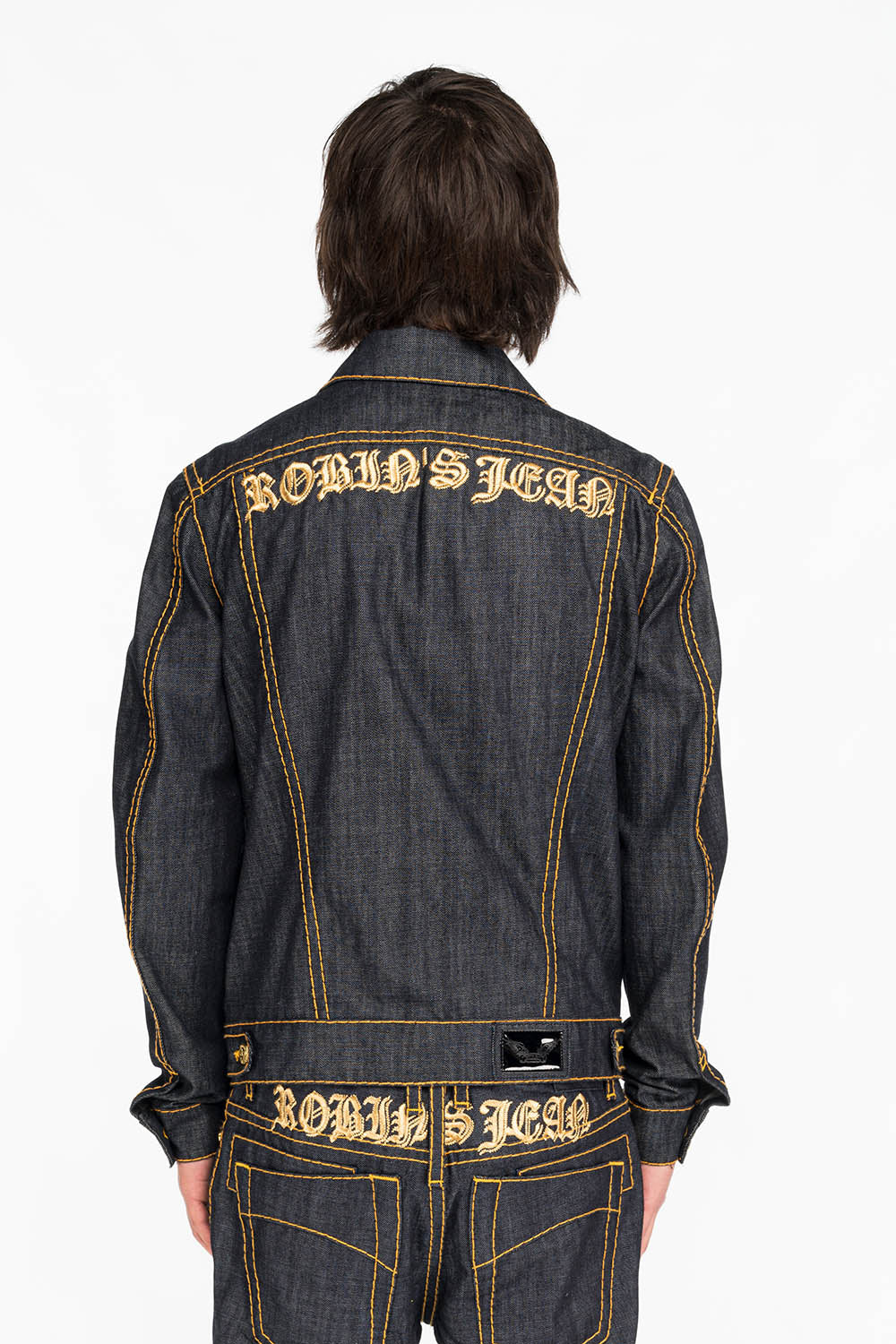 MENS DENIM JACKET IN RAW DENIM WITH HEAVY ORANGE STITCHING AND EMBROIDERED O.E. SCRIPT - Image 3