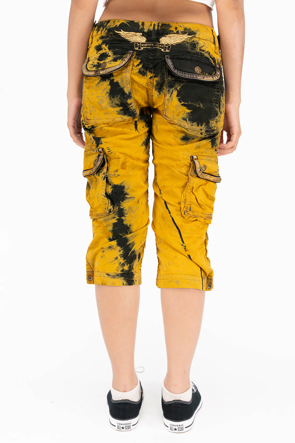 MILITARY STYLE WOMENS CARGO SHORTS IN TYE DYE YELLOW AND BLACK WASH - Image 2