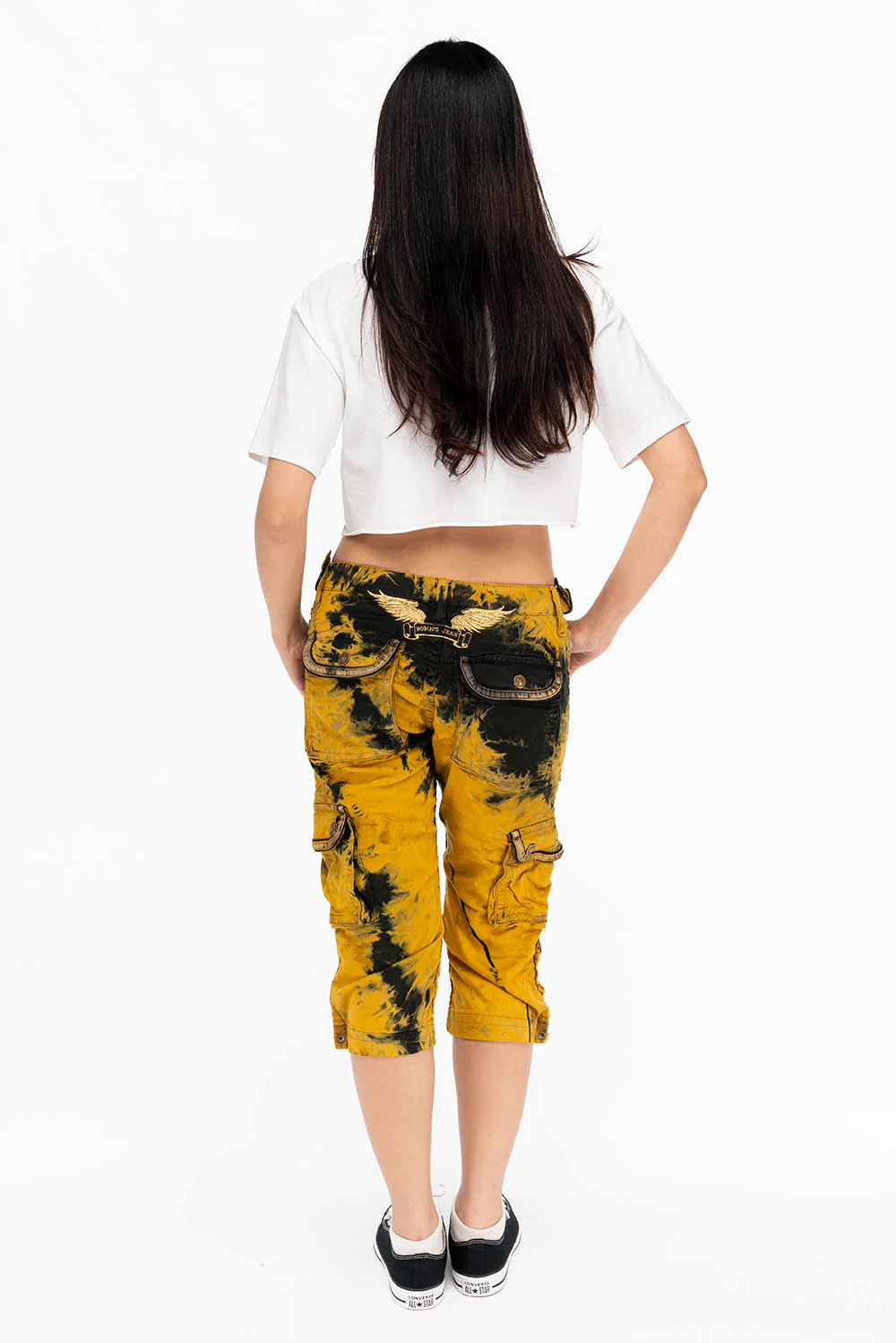 MILITARY STYLE WOMENS CARGO SHORTS IN TYE DYE YELLOW AND BLACK WASH - Image 5