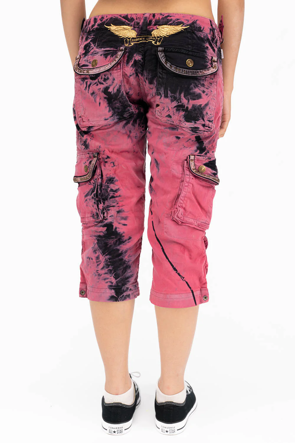 MILITARY STYLE WOMENS CARGO SHORTS IN TYE DYE PINK AND BLACK WASH - Image 2