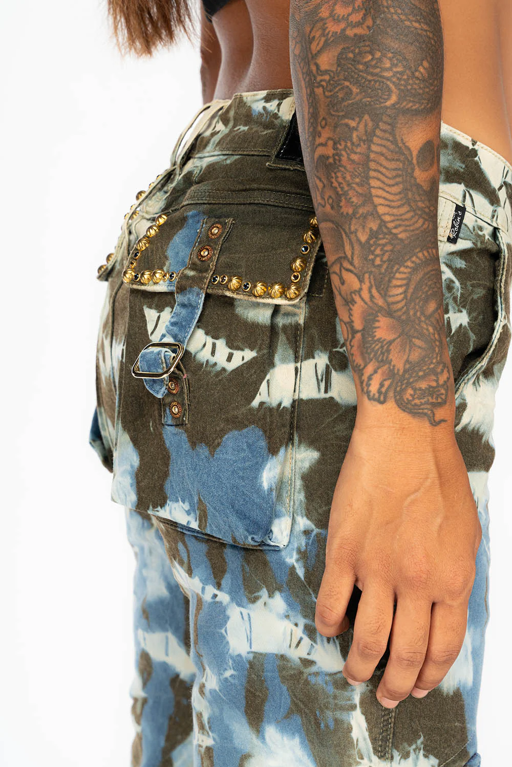 PREDATOR  WOMENS CARGO PANTS IN TIE DYE MIAMI WASH WITH CRYSTALS AND STUDS - Image 5