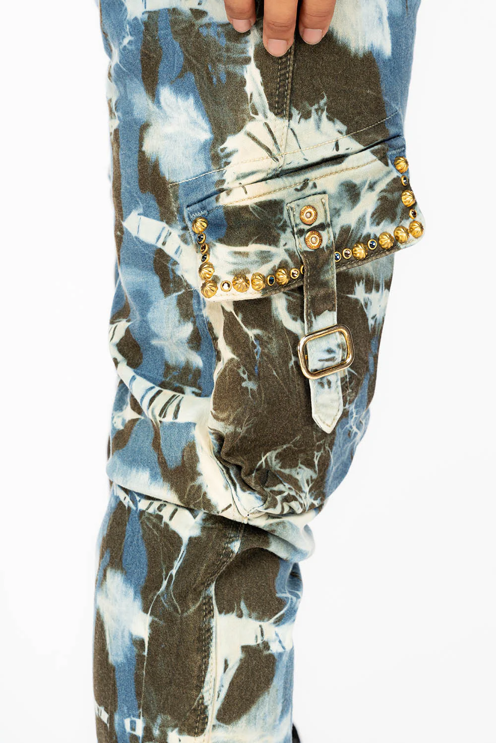 PREDATOR  WOMENS CARGO PANTS IN TIE DYE MIAMI WASH WITH CRYSTALS AND STUDS - Image 6
