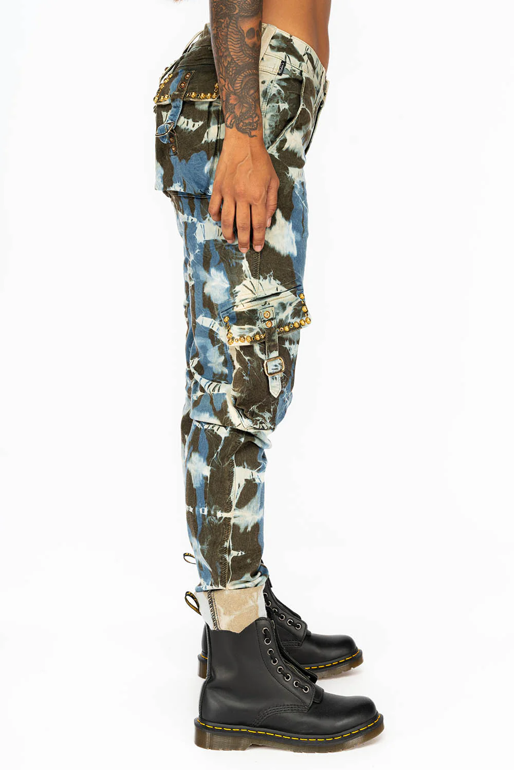 PREDATOR  WOMENS CARGO PANTS IN TIE DYE MIAMI WASH WITH CRYSTALS AND STUDS - Image 7