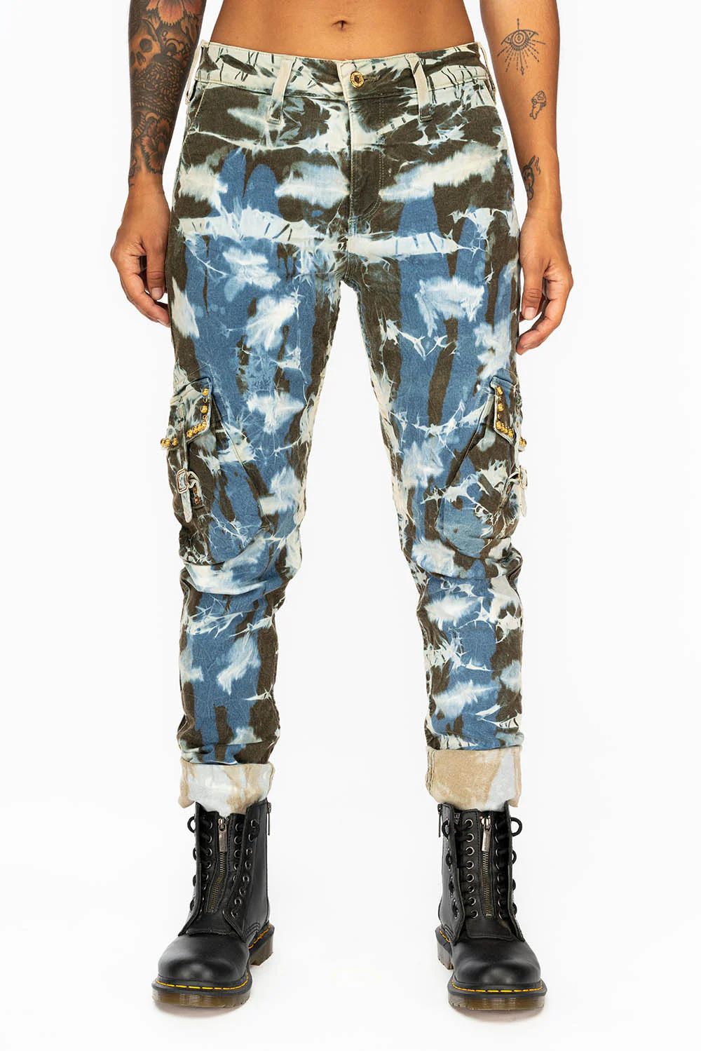 PREDATOR  WOMENS CARGO PANTS IN TIE DYE MIAMI WASH WITH CRYSTALS AND STUDS - Image 8