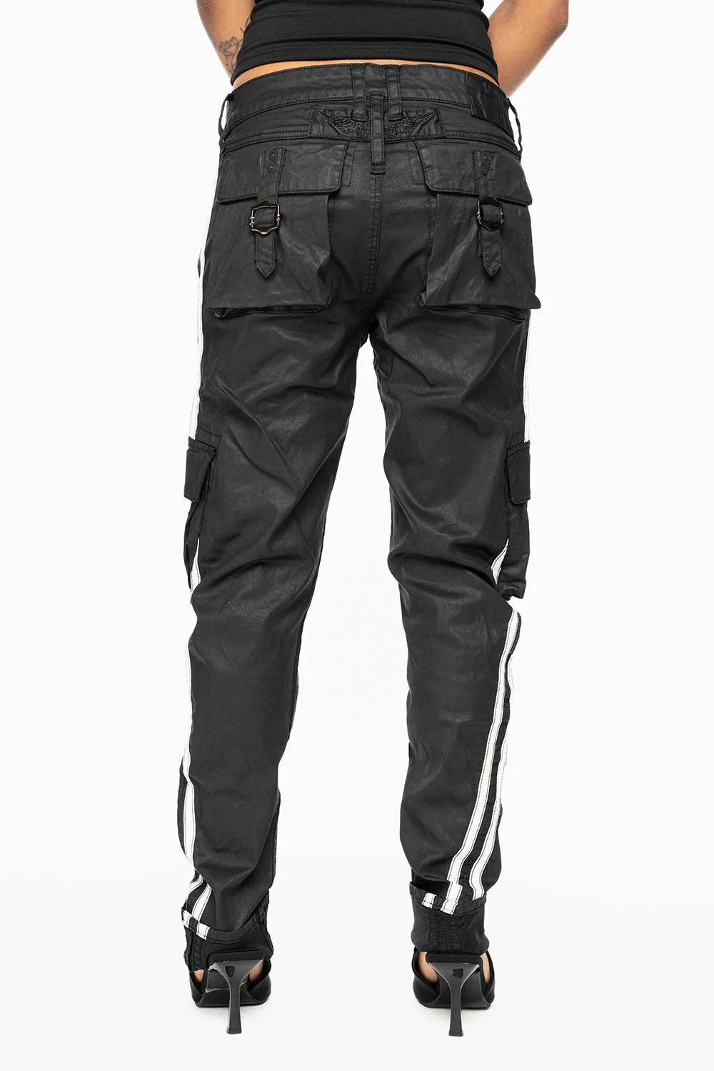 PREDATOR WOMENS SPORTY CARGO PANTS IN DY BLACK WITH TONAL EMBROIDERY AND SIDE STRIPE - Image 6