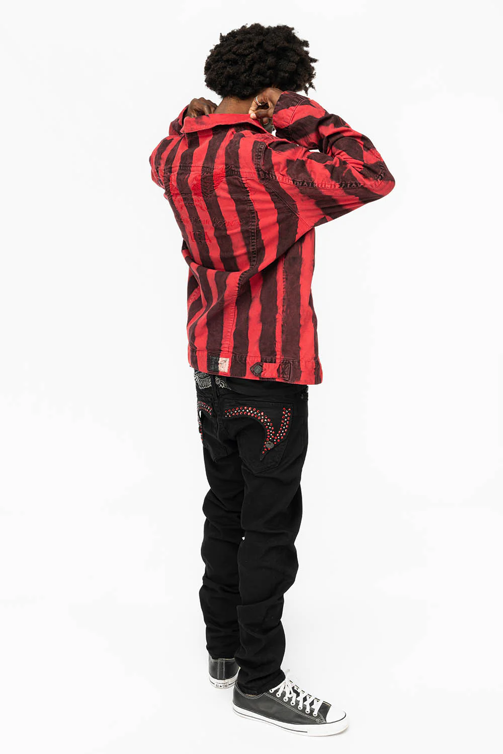 PRISONER JEAN JKT IN BLACK AND RED WASH WITH RED AND JET BLK  CRYSTALS - Image 6