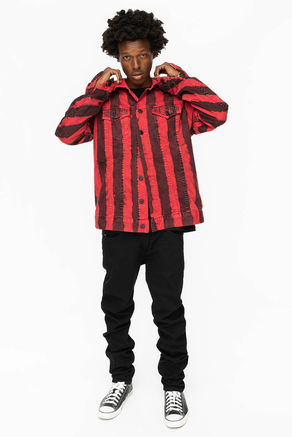 PRISONER JEAN JKT IN BLACK AND RED WASH WITH RED AND JET BLK  CRYSTALS - Image 8