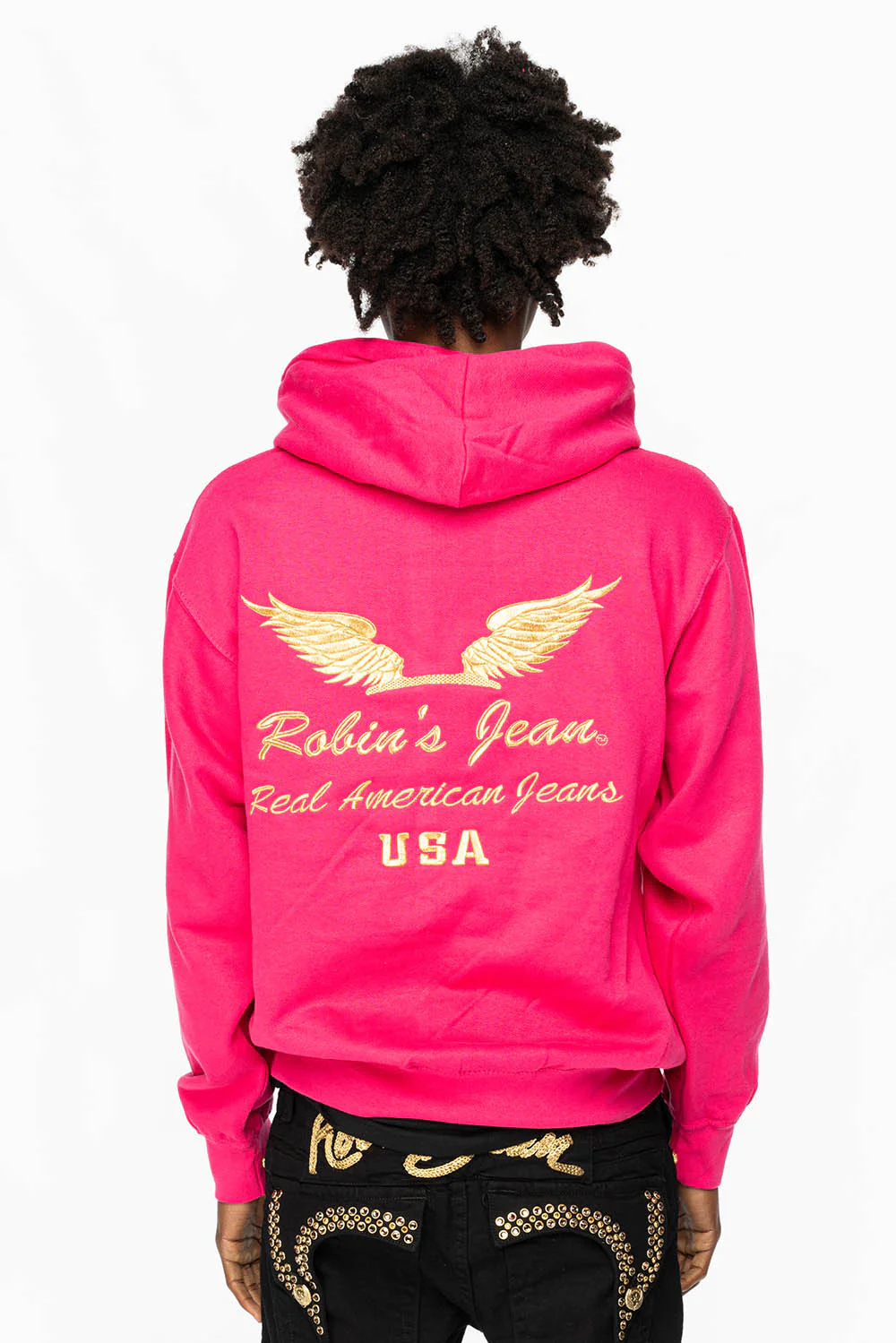 PULLOVER HOODIE IN FUSCHIA WITH GOLD WINGS EMBROIDERY - Image 2