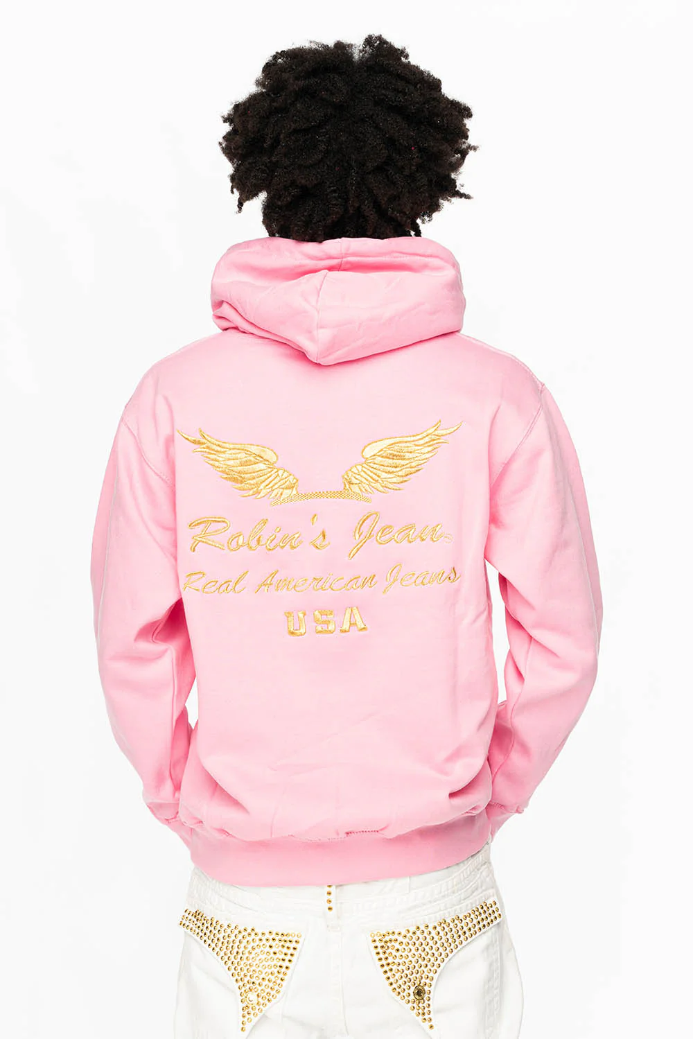PULLOVER HOODIE IN LIGHT PINK WITH GOLD WINGS EMBROIDERY - Image 2