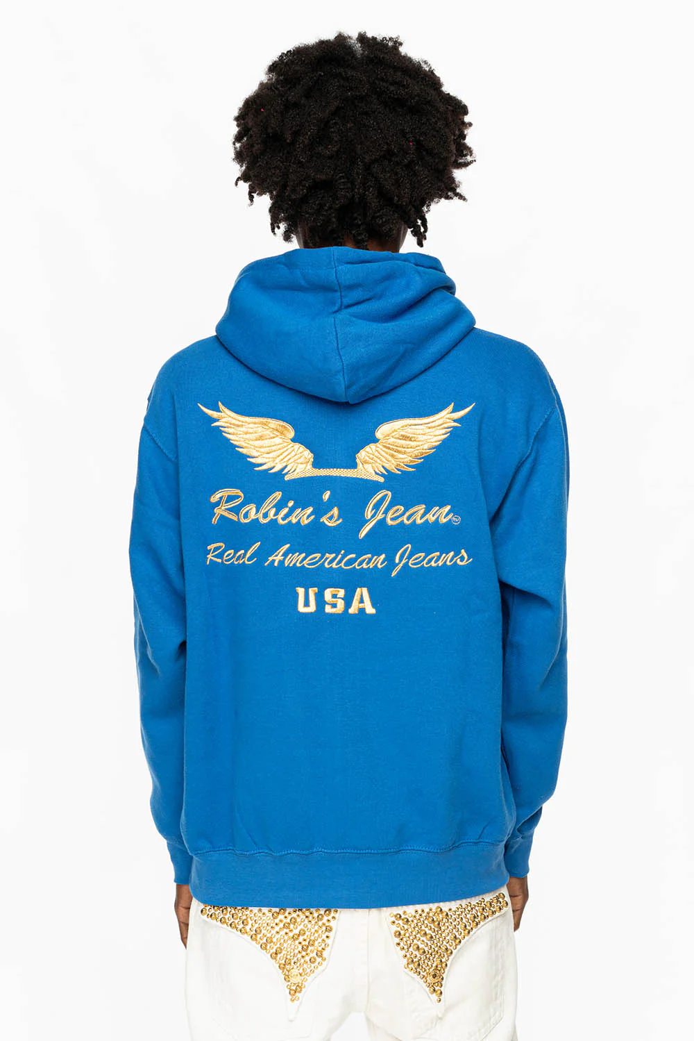 PULLOVER HOODIE IN  ROYAL BLUE WITH GOLD WINGS EMBROIDERY - Image 2