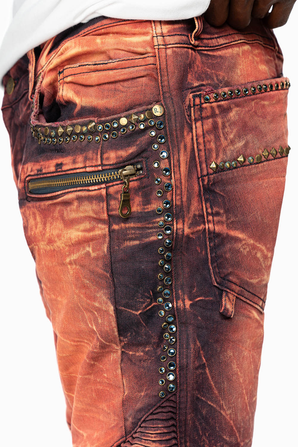 MENS BIKER JEANS IN MALBEC WASH WITH STUDS AND CRYSTALS - Image 2