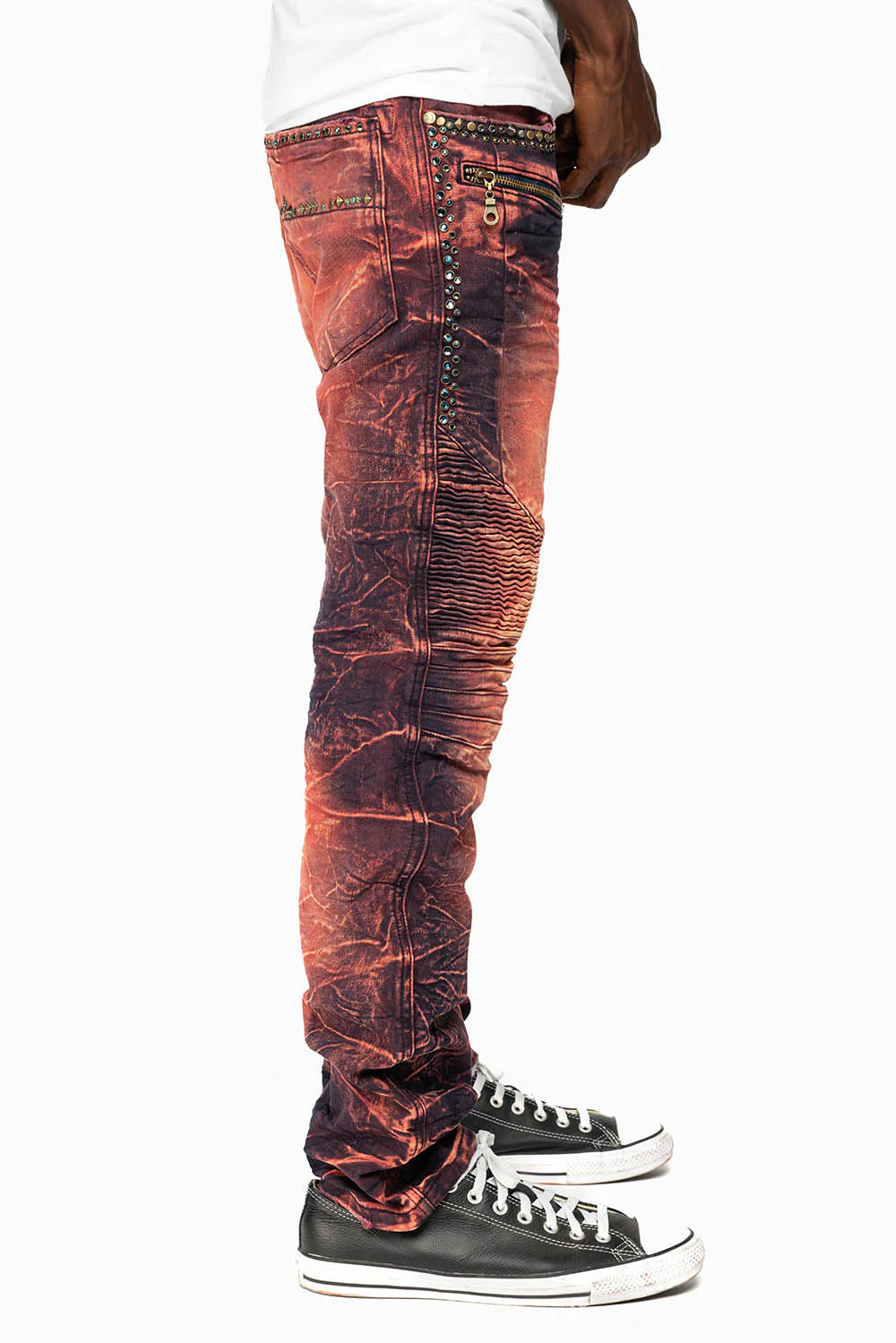 MENS BIKER JEANS IN MALBEC WASH WITH STUDS AND CRYSTALS - Image 5