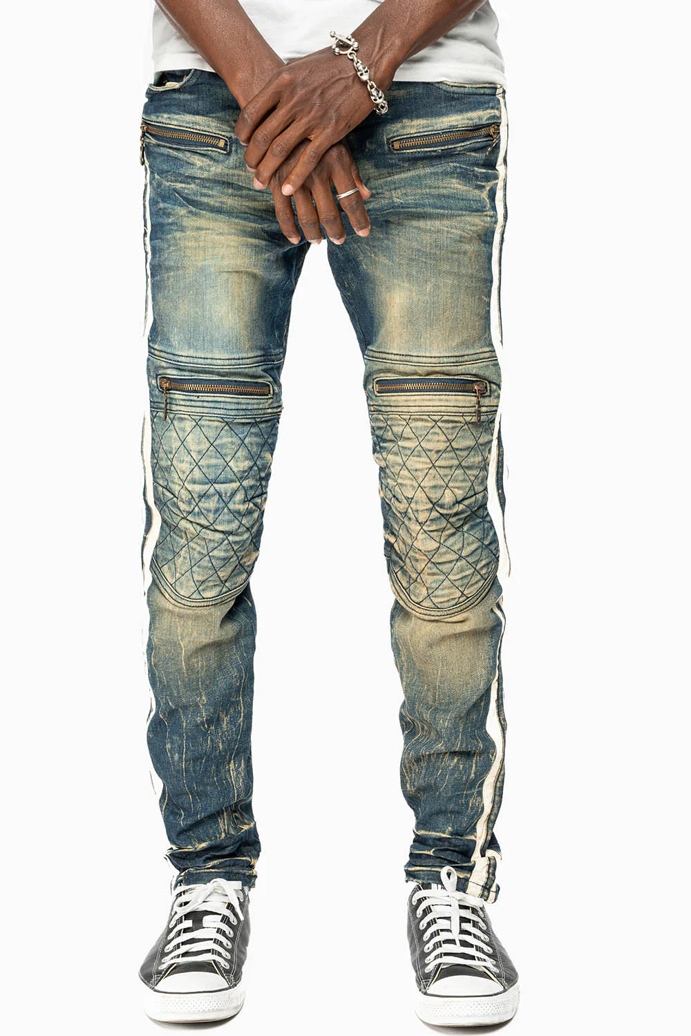 MENS BIKER JEANS IN BLUE 4D DARK WASH WITH WHITE STRIPES - Image 2