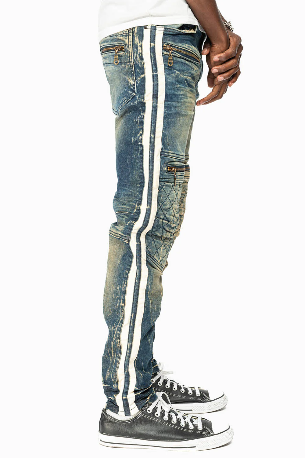 MENS BIKER JEANS IN BLUE 4D DARK WASH WITH WHITE STRIPES - Image 3
