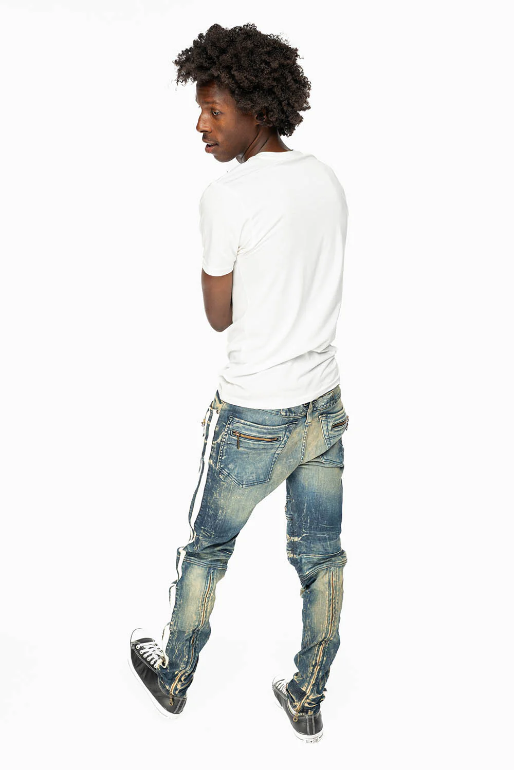 MENS BIKER JEANS IN BLUE 4D DARK WASH WITH WHITE STRIPES - Image 5