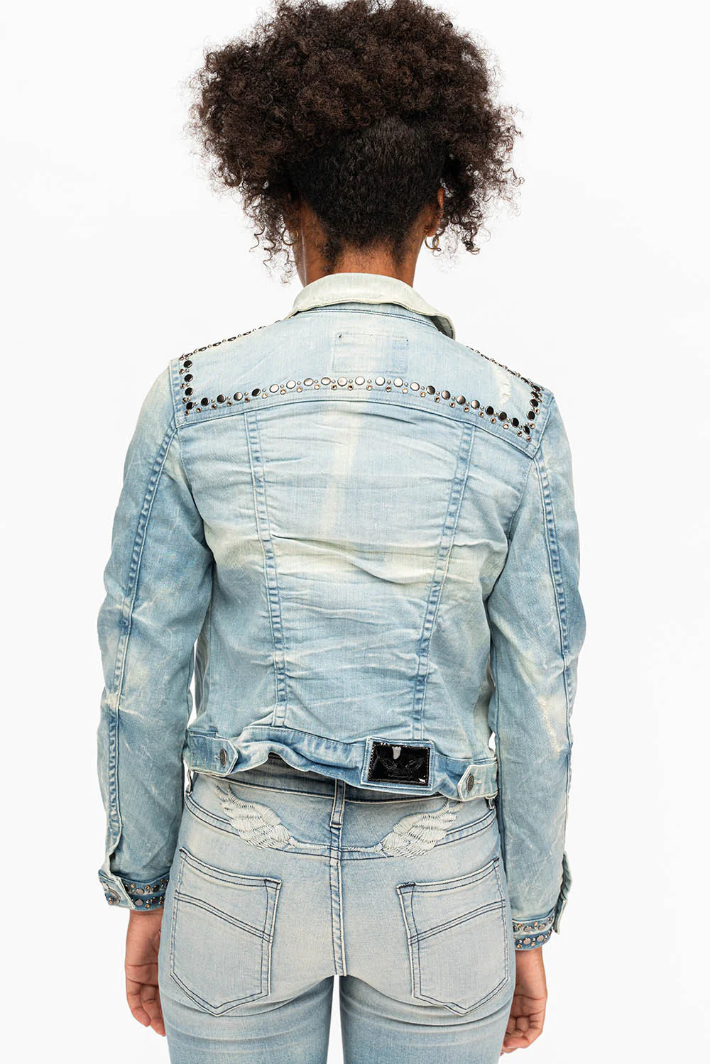 ROBIN'S JEAN DENIM JACKET IN 5D LIGHT BROKEN WASH WITH NICKEL STUDS AND CRYSTALS - Image 3