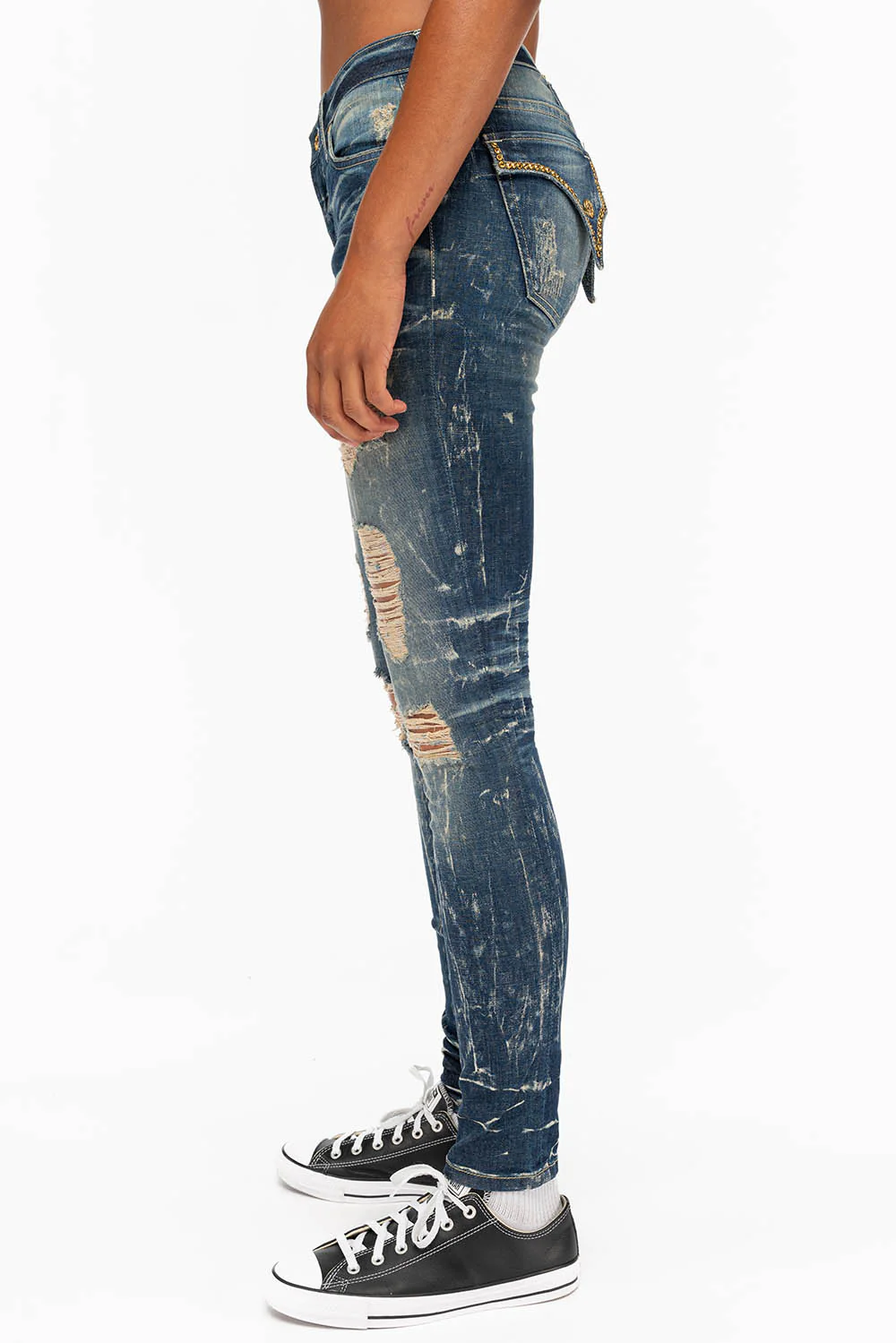 KILLER FLAP WOMENS RIPPED MID RISE SKINNY JEANS IN 4D DARK BROKEN WASH WITH CRYSTALS - Image 3