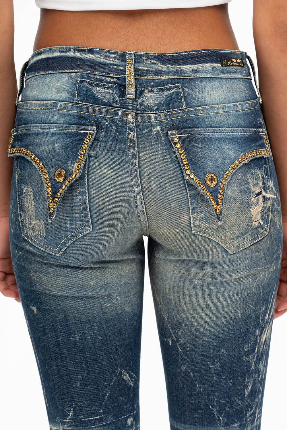 KILLER FLAP WOMENS RIPPED MID RISE SKINNY JEANS IN 4D DARK BROKEN WASH WITH CRYSTALS - Image 4