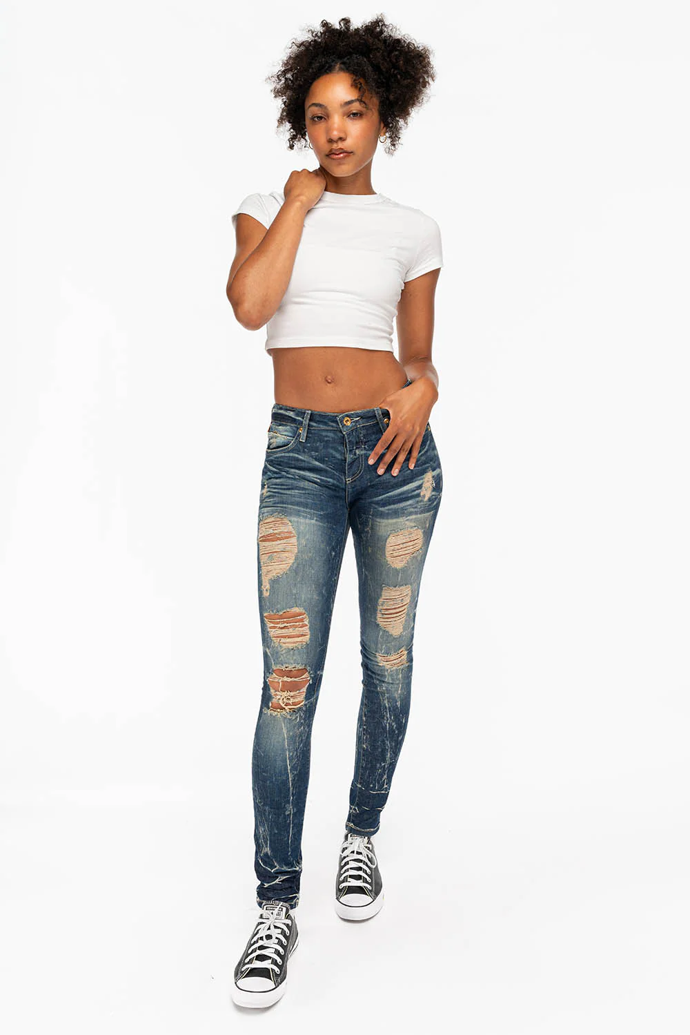KILLER FLAP WOMENS RIPPED MID RISE SKINNY JEANS IN 4D DARK BROKEN WASH WITH CRYSTALS - Image 6