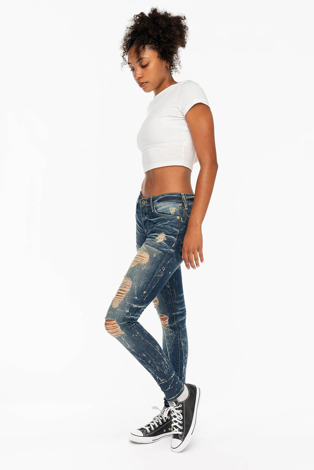 KILLER FLAP WOMENS RIPPED MID RISE SKINNY JEANS IN 4D DARK BROKEN WASH WITH CRYSTALS - Image 7