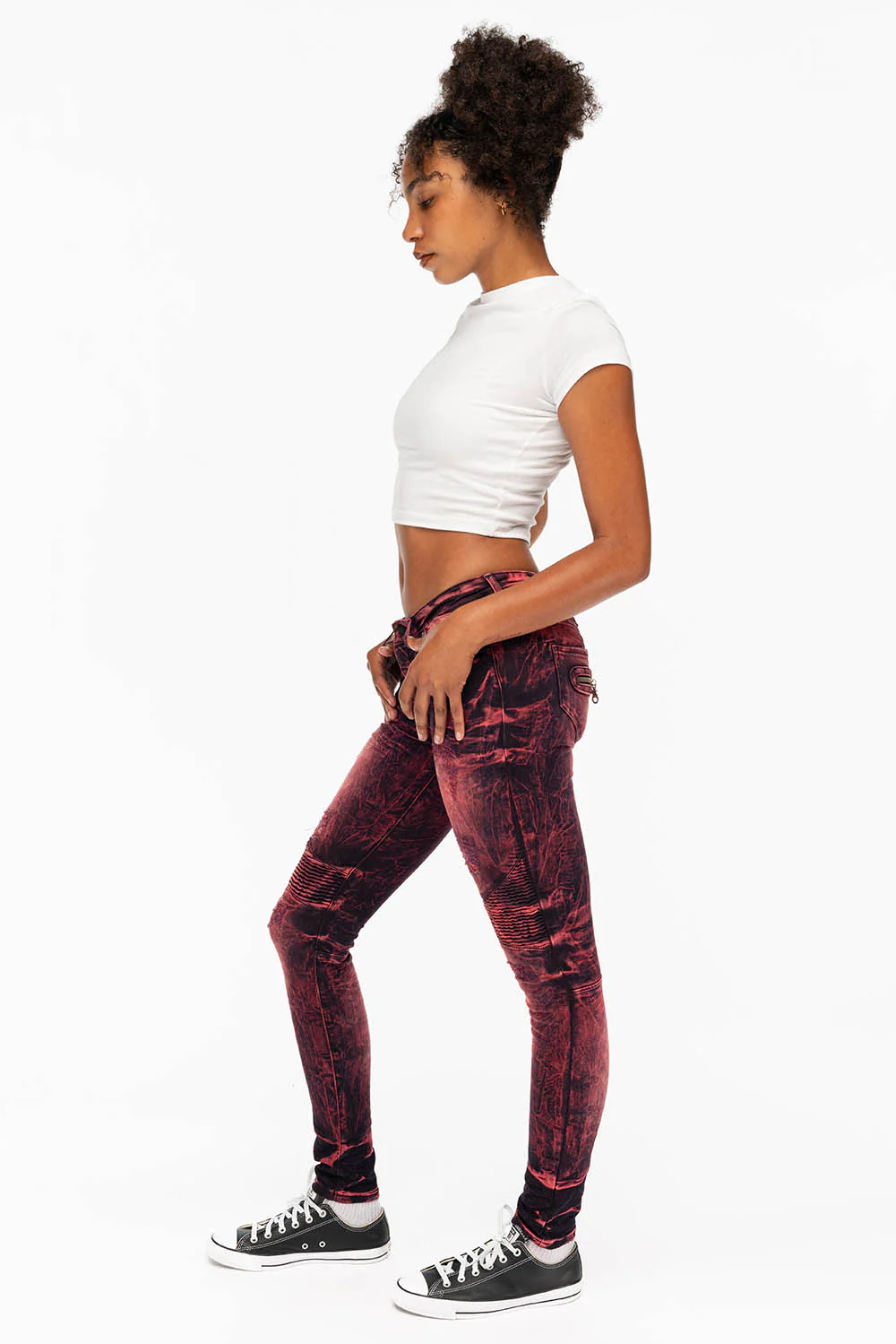 SKINNY WOMENS BIKER JEANS IN DISTRESSED DENIM IN YANKEE WASH - Image 6