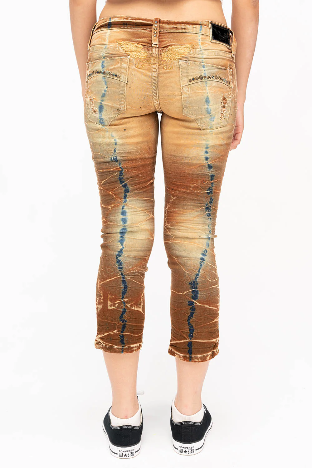 WOMENS RIPPED SKINNY CAPRI PANTS IN 4D LIGHT PERU WITH STUDS AND CRYSTALS - Image 3