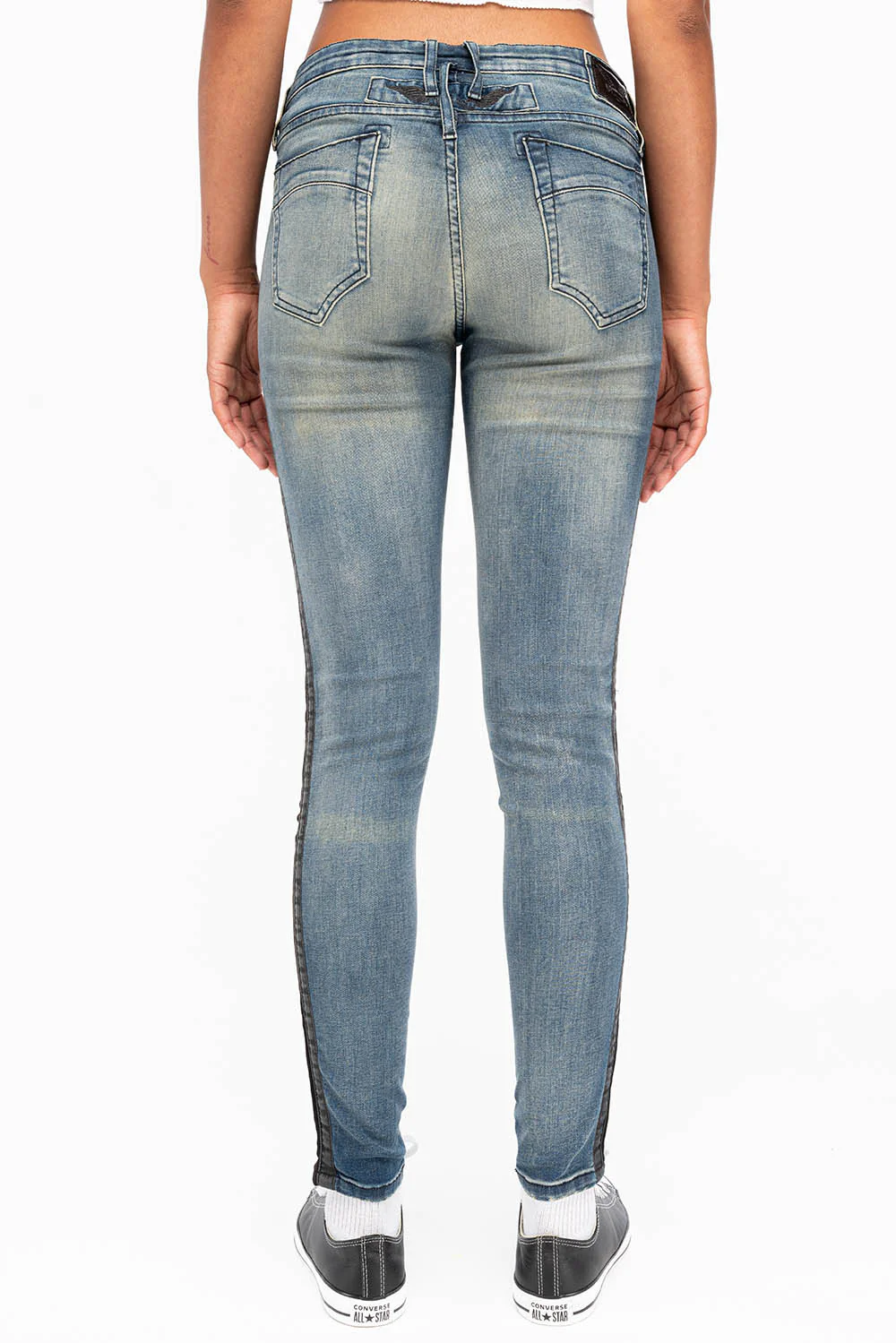 MID RISE WOMENS SKINNY BLUE JEANS WITH BLACK STRIPES - Image 3