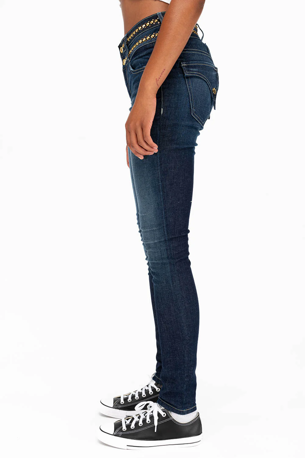WOMENS KILLER FLAP DOUBLE WAIST HIGH RISE SKINNY JEANS IN LIBERTY DARK WITH STUDS AND CRYSTALS - Image 2