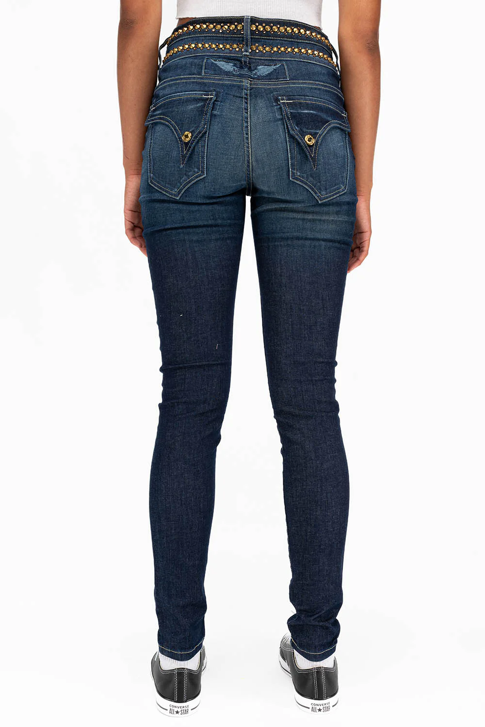 WOMENS KILLER FLAP DOUBLE WAIST HIGH RISE SKINNY JEANS IN LIBERTY DARK WITH STUDS AND CRYSTALS - Image 3
