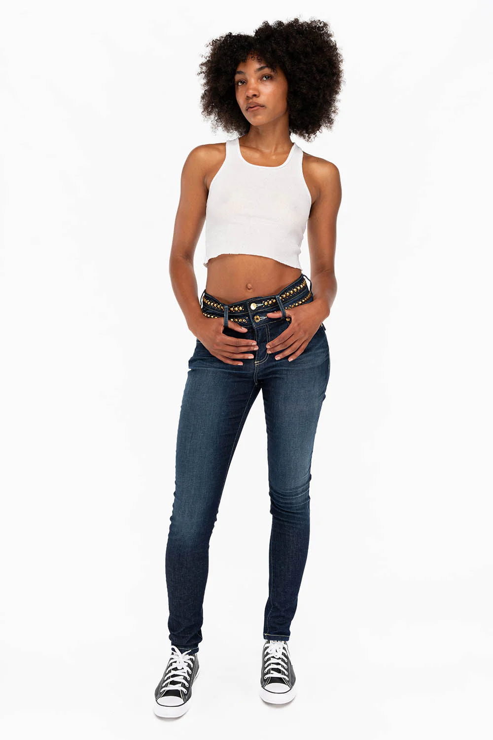 WOMENS KILLER FLAP DOUBLE WAIST HIGH RISE SKINNY JEANS IN LIBERTY DARK WITH STUDS AND CRYSTALS - Image 4