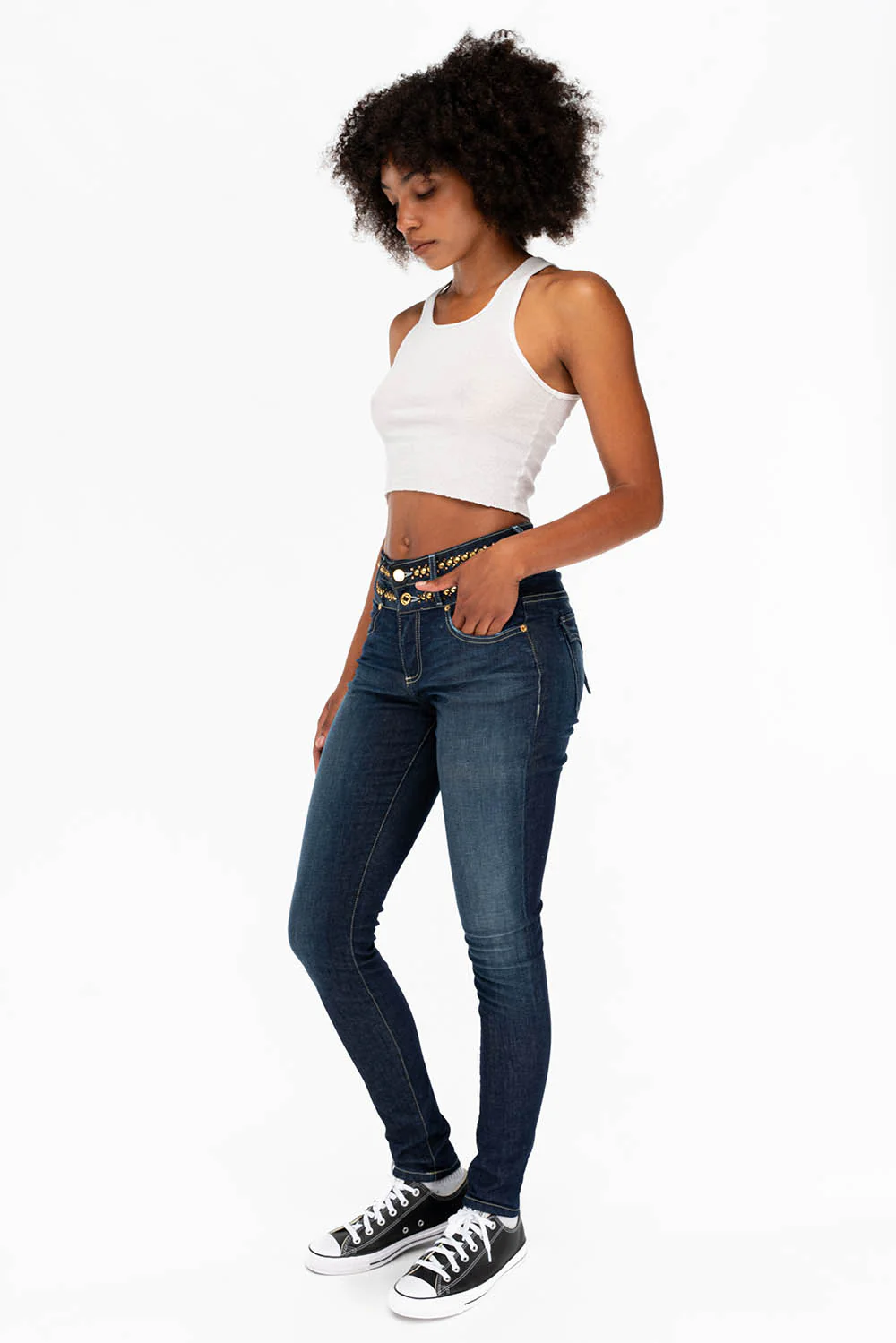 WOMENS KILLER FLAP DOUBLE WAIST HIGH RISE SKINNY JEANS IN LIBERTY DARK WITH STUDS AND CRYSTALS - Image 5