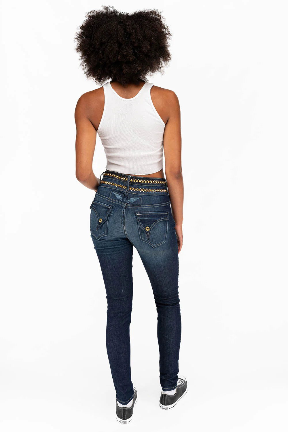 WOMENS KILLER FLAP DOUBLE WAIST HIGH RISE SKINNY JEANS IN LIBERTY DARK WITH STUDS AND CRYSTALS - Image 6