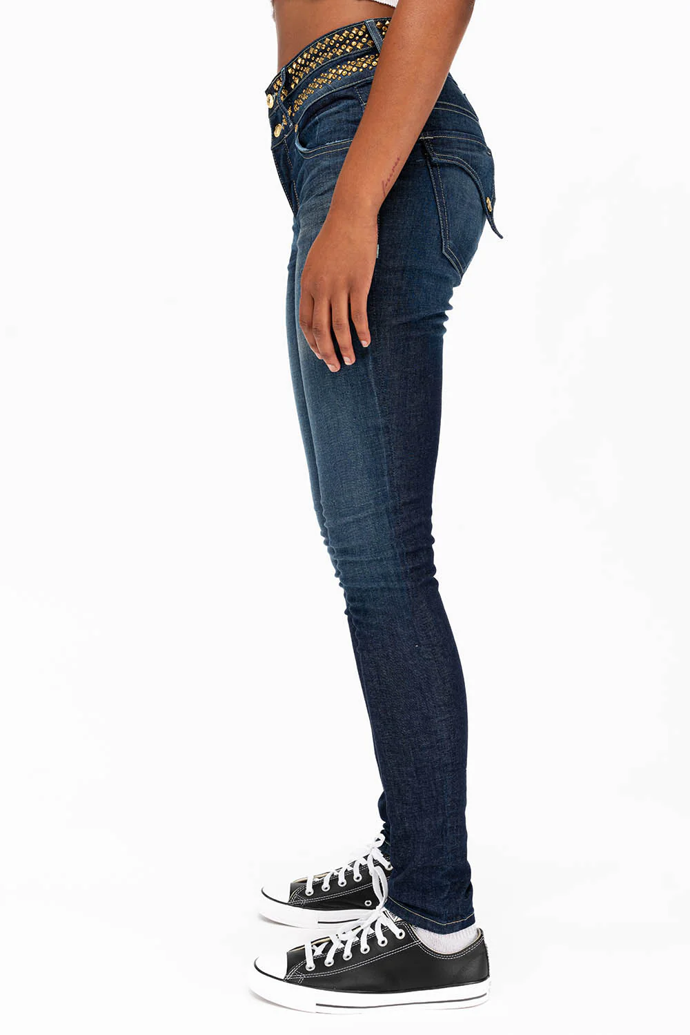 WOMENS KILLER FLAP DOUBLE WAIST HIGH RISE SKINNY JEANS IN LIBERTY DARK WITH STUDS AND CRYSTALS - Image 3