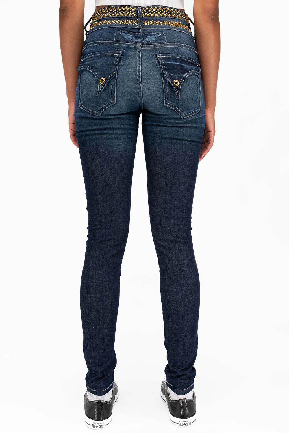 WOMENS KILLER FLAP DOUBLE WAIST HIGH RISE SKINNY JEANS IN LIBERTY DARK WITH STUDS AND CRYSTALS - Image 4