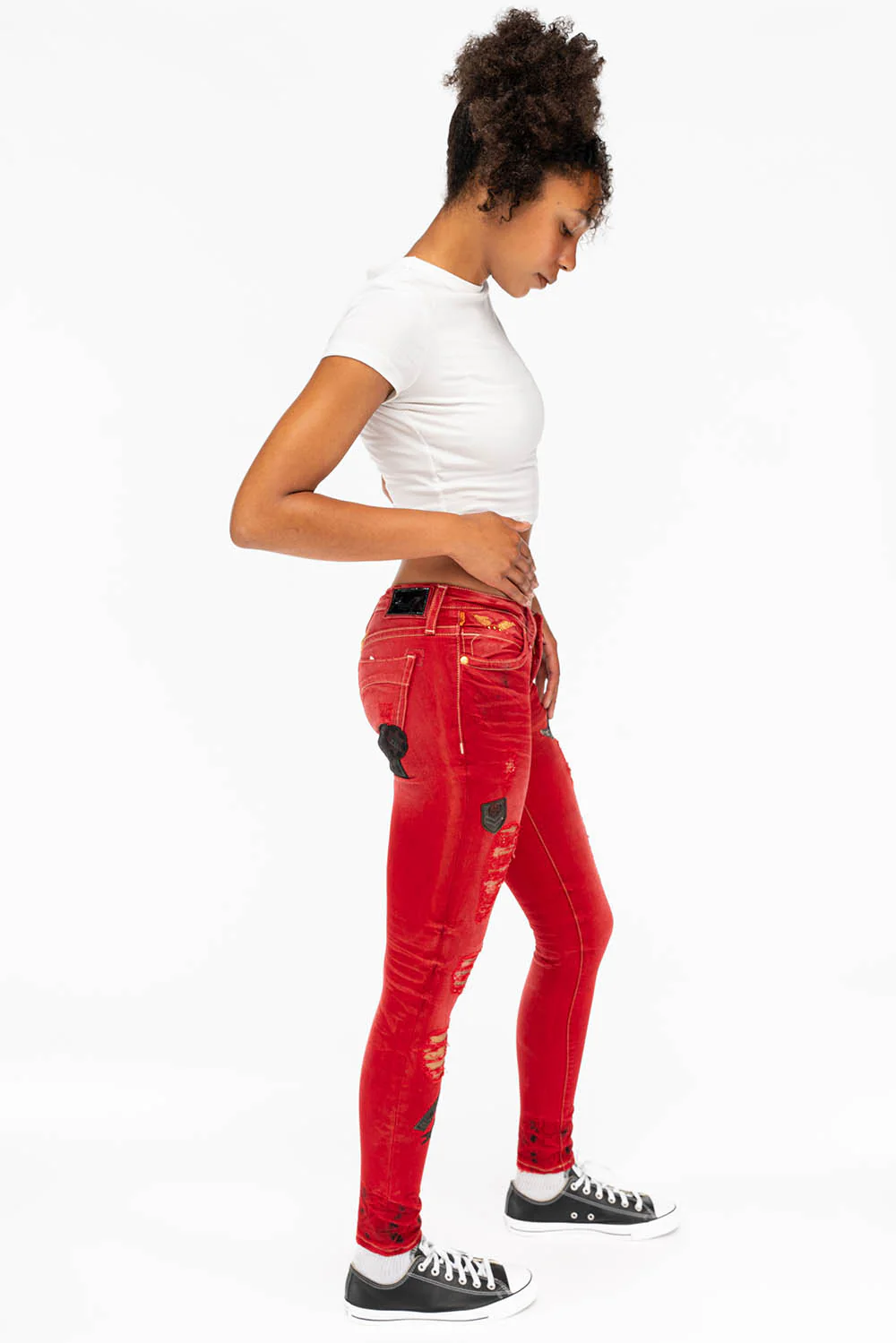 SKINNY RIPPED WOMENS JEANS WITH PATCHES IN F_UP RED - Image 5