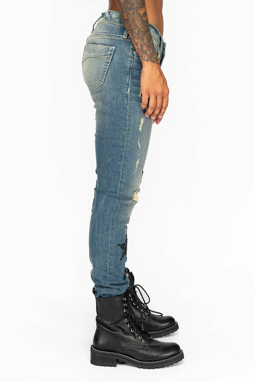 MIDRISE WOMENS SKINNY JEANS IN RIPPED BLUE WASH WITH JET BLACK CRYSTAL STARS - Image 5