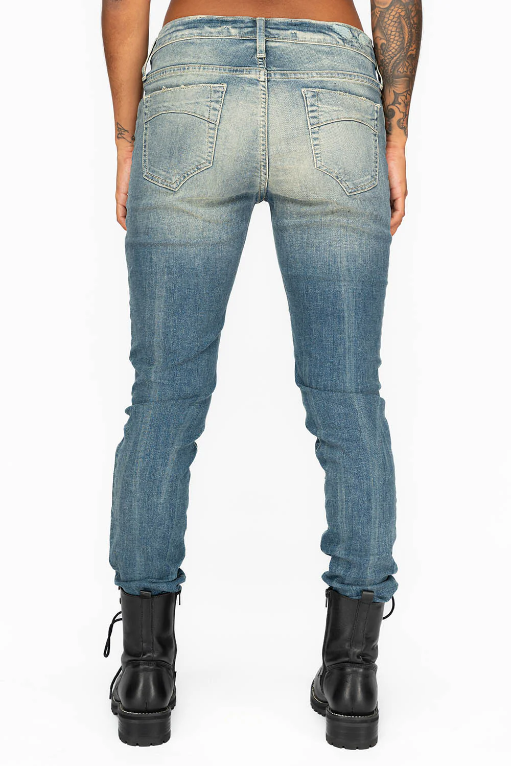 MIDRISE WOMENS SKINNY JEANS IN RIPPED BLUE WASH WITH JET BLACK CRYSTAL STARS - Image 6