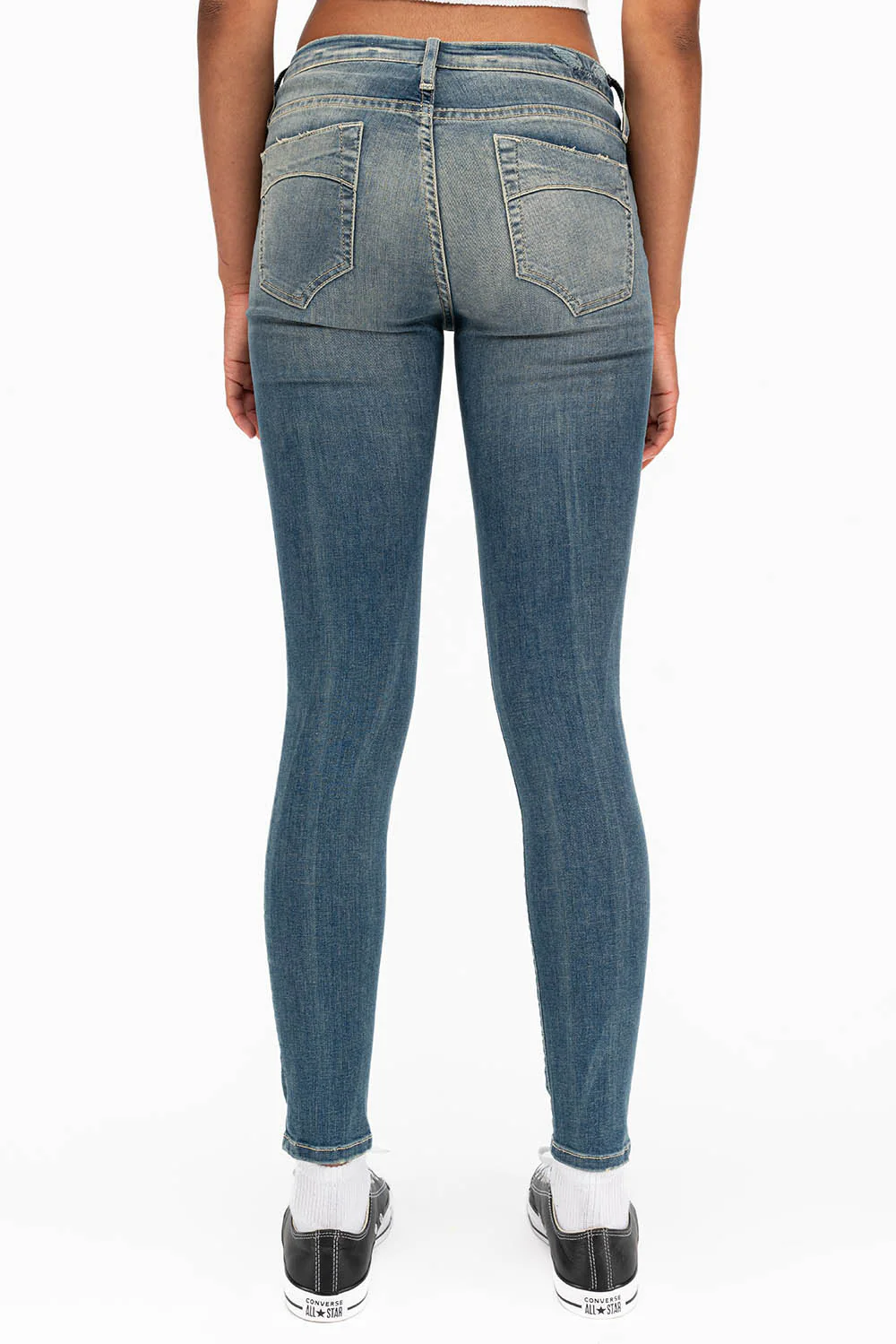 MIDRISE WOMENS SKINNY JEANS IN RIPPED BLUE WASH - Image 4