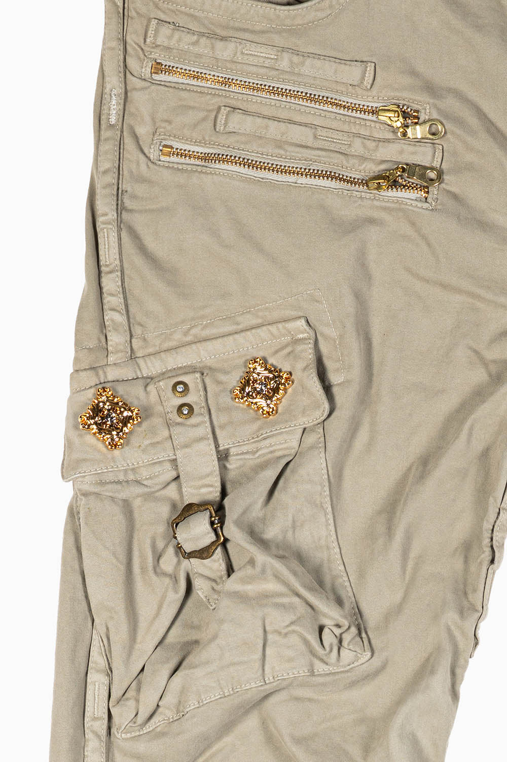 RAPTOR MILITARY STYLE CARGO JEAN IN KHAKI WITH GOLD BROOCH EMBELISHMENT - Image 2