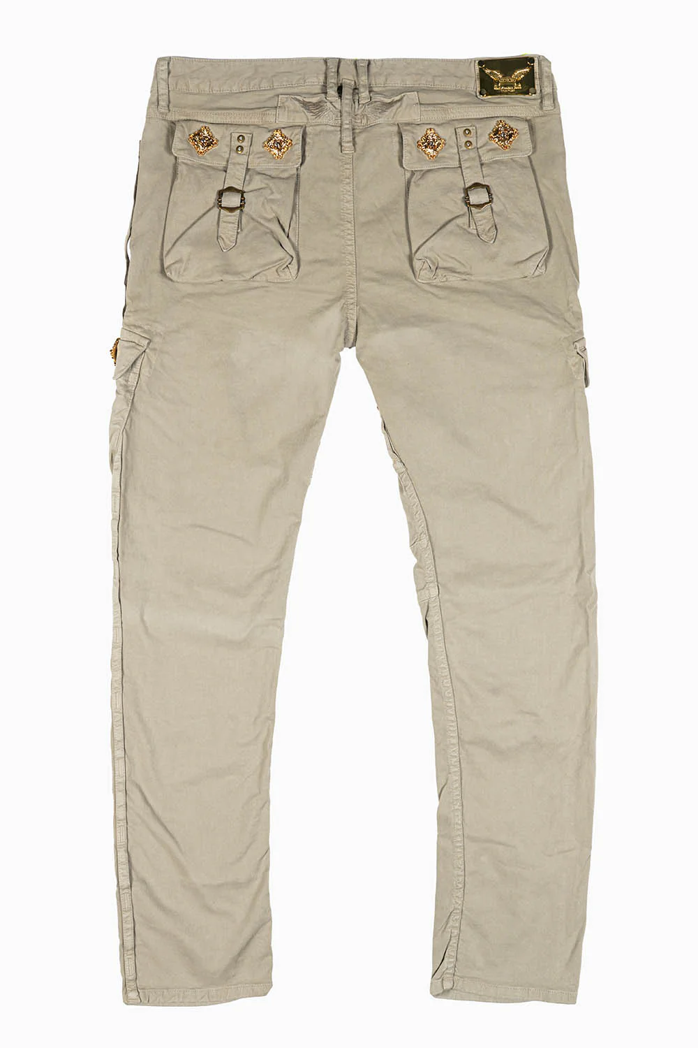 RAPTOR MILITARY STYLE CARGO JEAN IN KHAKI WITH GOLD BROOCH EMBELISHMENT - Image 3