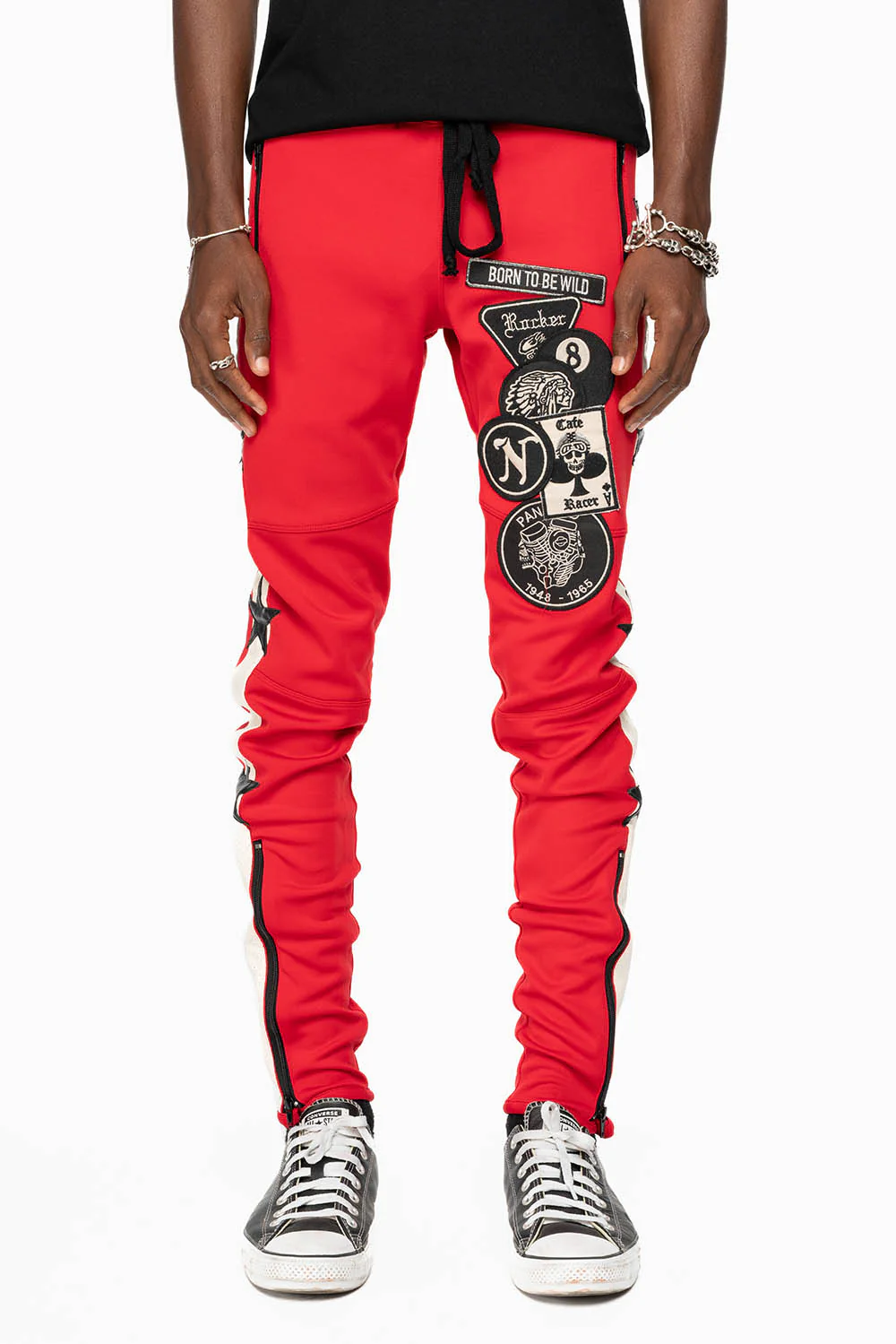 RED JOGGER WITH WHITE STRIPE AND PATCHWORK - Image 5