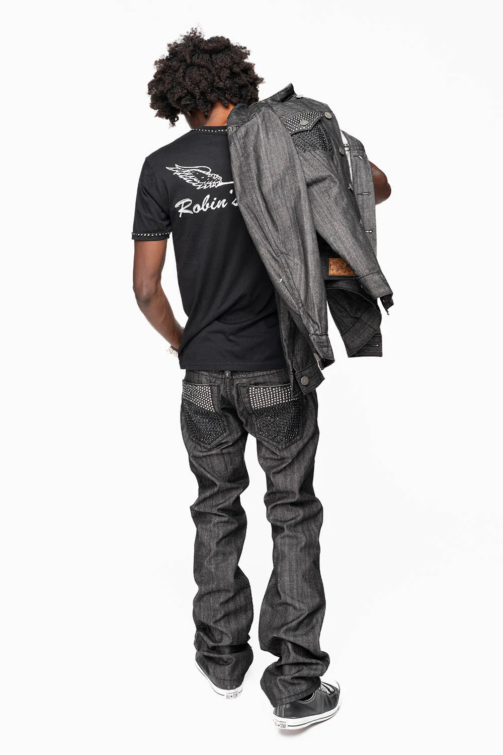ROBIN’S  5 POCKET STRAIGHT LEG JEANS IN RAW BLK DENIM  HEAVY BLACK STITCHING WITH CRYSTALS - Image 10
