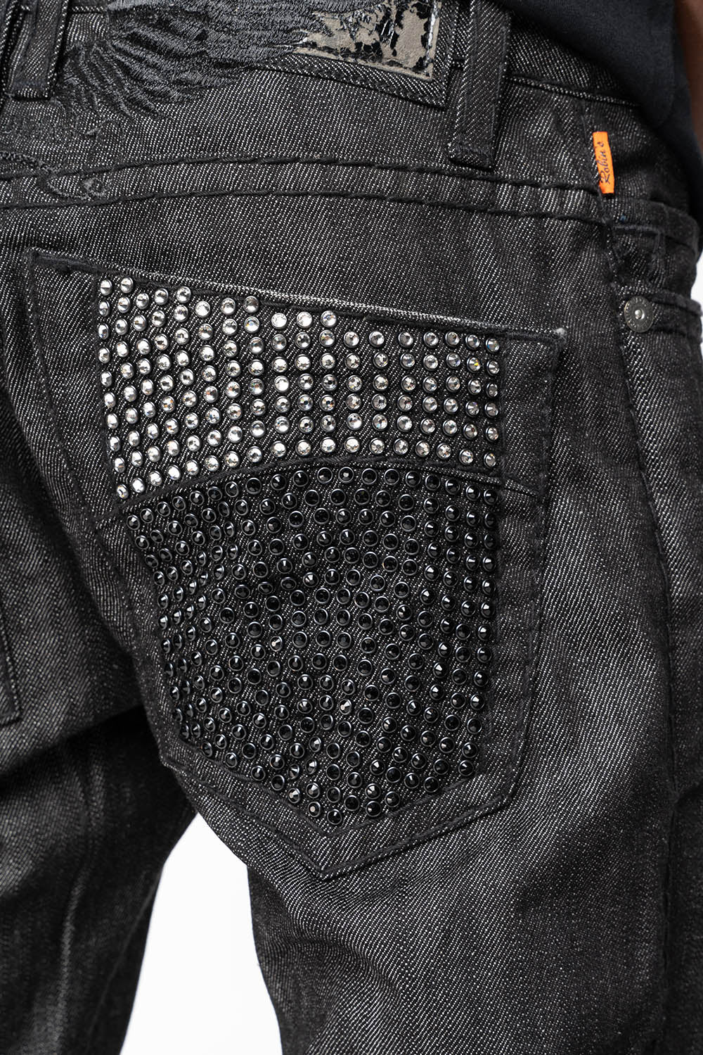 ROBIN’S  5 POCKET STRAIGHT LEG JEANS IN RAW BLK DENIM  HEAVY BLACK STITCHING WITH CRYSTALS - Image 3