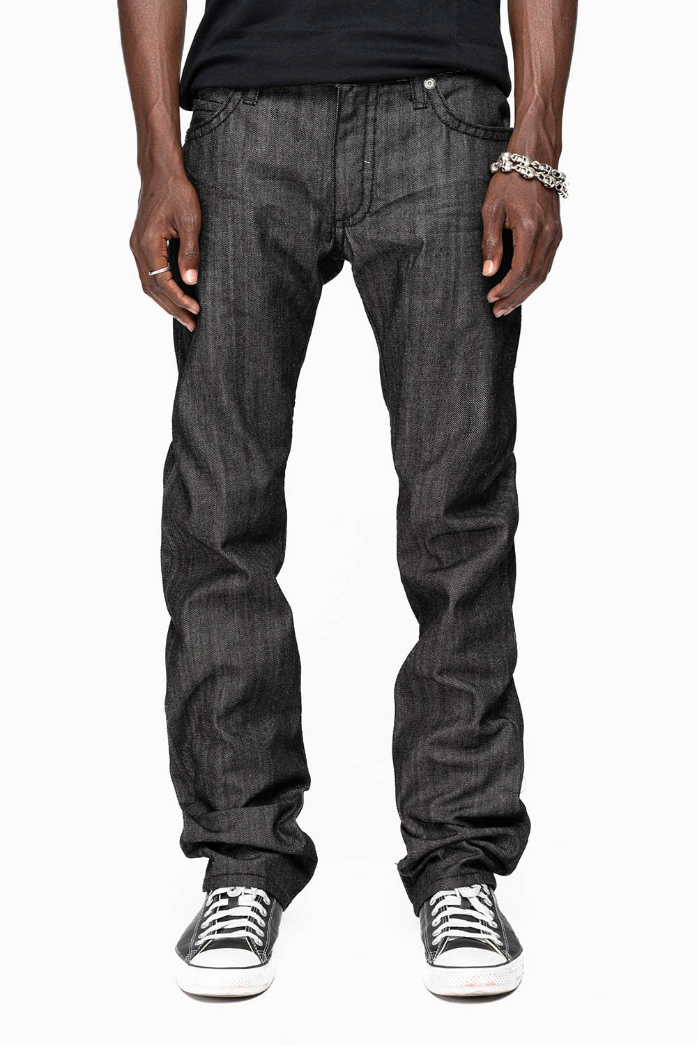 ROBIN’S  5 POCKET STRAIGHT LEG JEANS IN RAW BLK DENIM  HEAVY BLACK STITCHING WITH CRYSTALS - Image 4