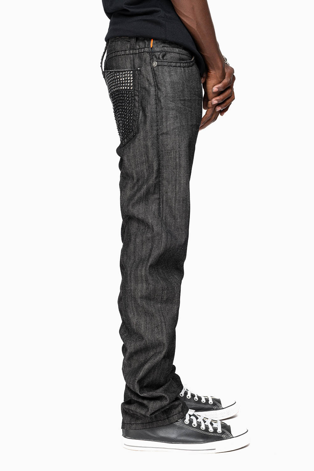 ROBIN’S  5 POCKET STRAIGHT LEG JEANS IN RAW BLK DENIM  HEAVY BLACK STITCHING WITH CRYSTALS - Image 5