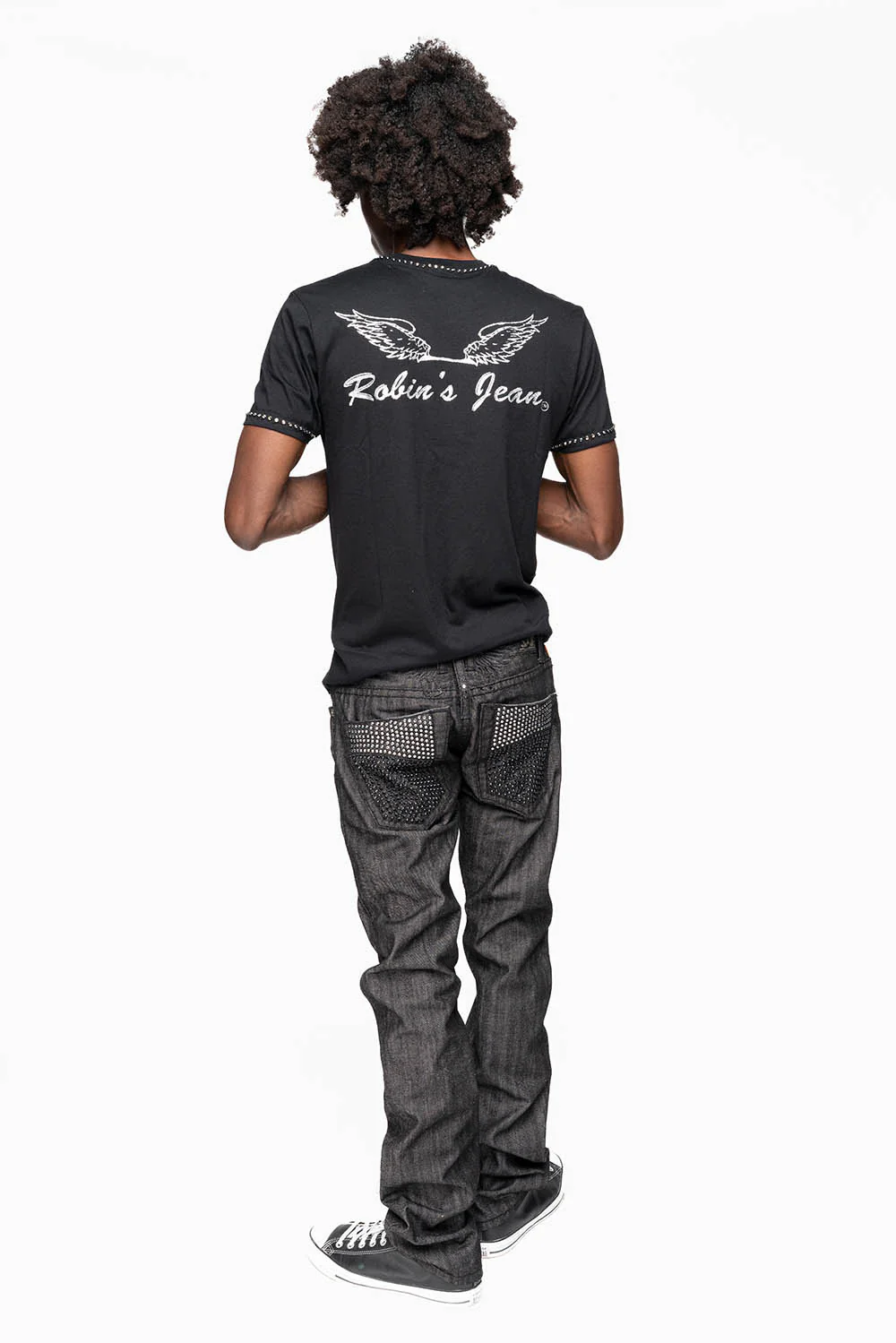 ROBIN’S  5 POCKET STRAIGHT LEG JEANS IN RAW BLK DENIM  HEAVY BLACK STITCHING WITH CRYSTALS - Image 8