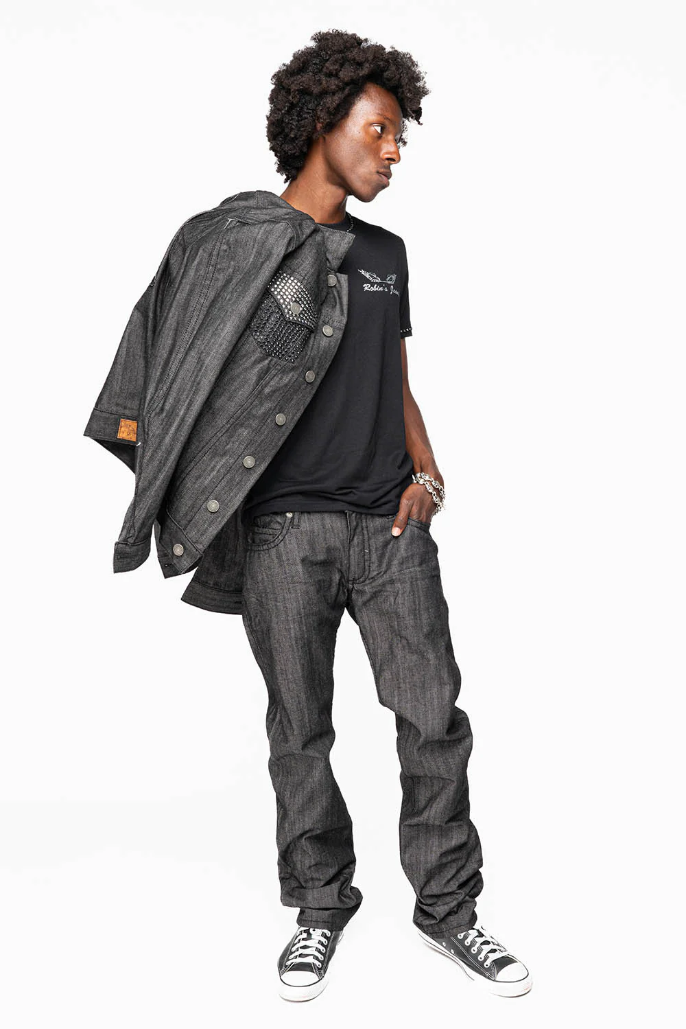 ROBIN’S  5 POCKET STRAIGHT LEG JEANS IN RAW BLK DENIM  HEAVY BLACK STITCHING WITH CRYSTALS - Image 9