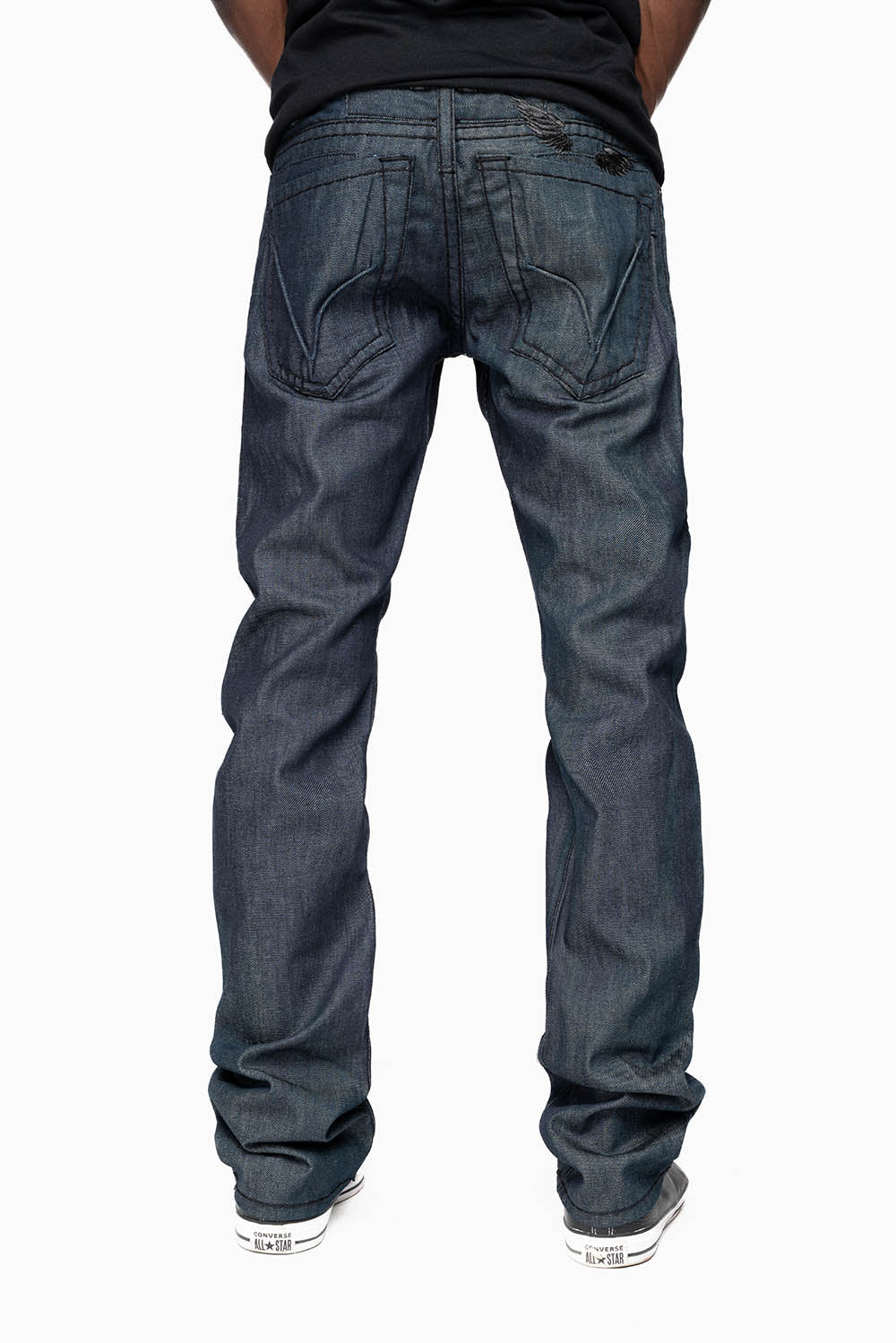 ROBIN’S BLACK SADDLE 5 POCKET STRAIGHT LEG JEANS IN RAW DENIM  HEAVY BLACK STITCHING - Image 2
