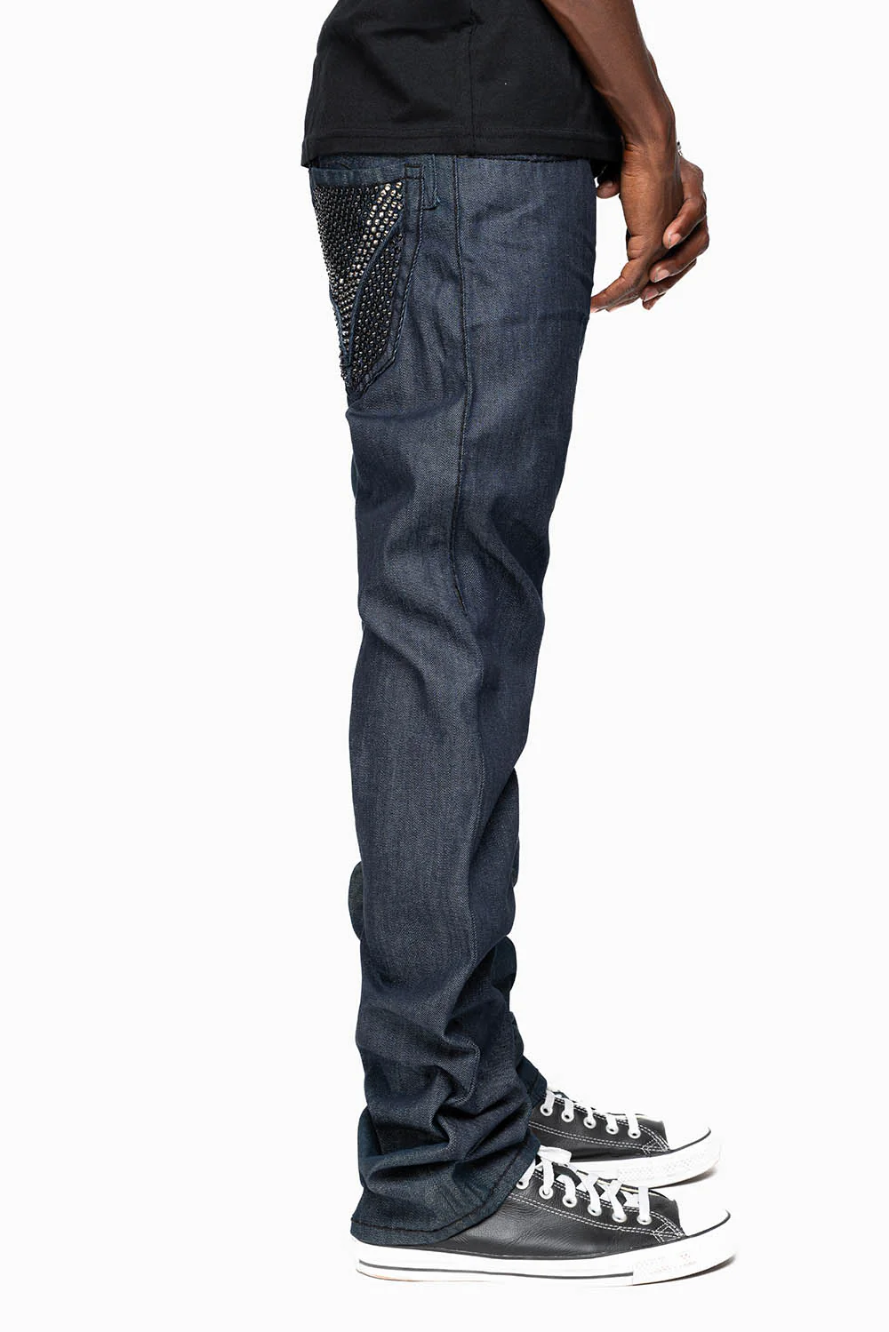 ROBIN’S BLACK SADDLE 5 POCKET STRAIGHT LEG JEANS IN RAW DENIM  HEAVY BLACK STITCHING  WITH CRYSTALS - Image 6