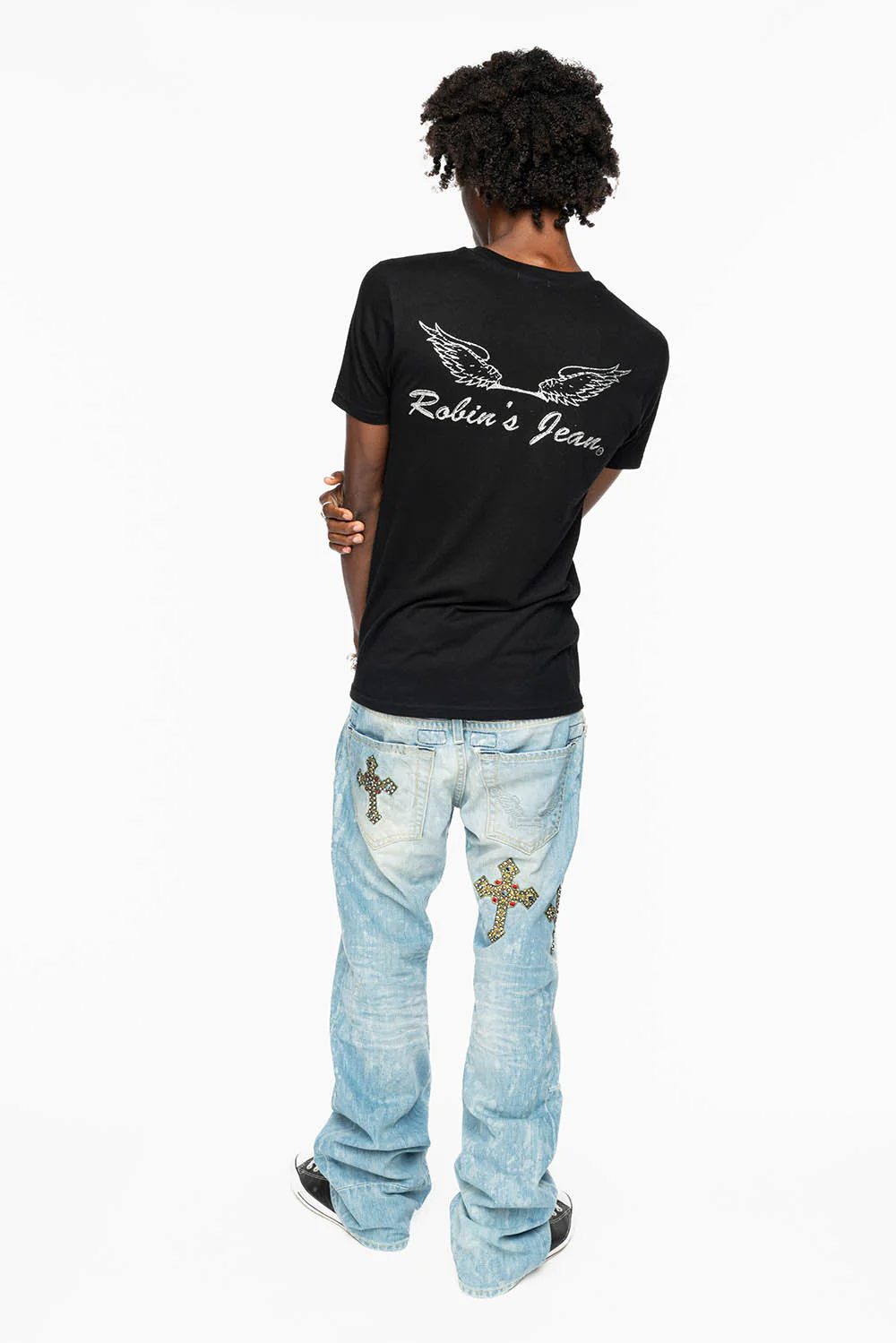 ROBIN’S BOOT CUT JEAN IN 5D LIGHT WASH EMBELLISHED WITH MULTIPLE CROSS PATCHES AND CRYSTALS ALL OVER - Image 11